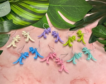 Handmade T-Rex Skeleton Dangle Earrings: Hypoallergenic Sterling Silver