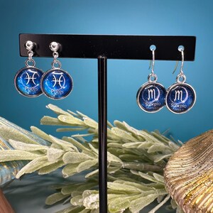 Blue Starry Sky Celestial Zodiac Constellation Earrings - Astrology Star Symbol Jewelry, Round Pendant with Horoscope Details