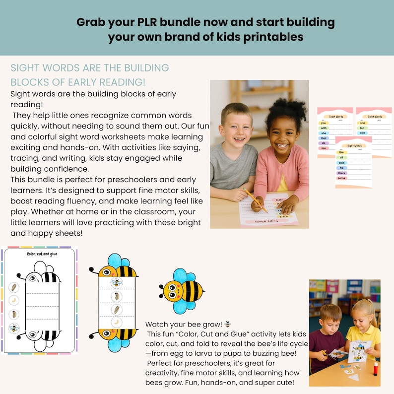 What’s Included:
✔️ 6 unique worksheet sets all up 321 pages (PDF & Canva templates)
✔️ Age-appropriate activities for 4+
✔️ Editable in Canva – change colors, fonts, graphics & text
✔️ A4 sizes
✔️ High-quality printable format
✔️ PLR license – edit and resell!