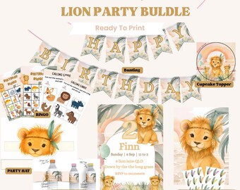 Bundel verjaardagsfeestje leeuwen: safarithema, games, hoeden (direct downloaden)