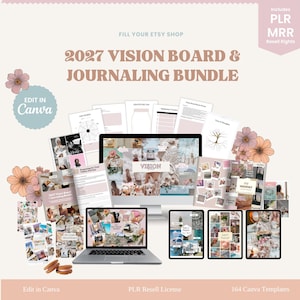 Könnte beinhalten: Ein 2027 Vision Board und Journaling-Paket mit 164 Canva-Vorlagen. Die digitale Sammlung enthält verschiedene Dokumentenlayouts, Vision-Board-Collagen und Zielsetzungsseiten, die auf einem Computerbildschirm und Laptop angezeigt werden.