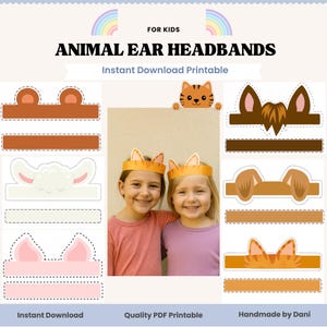 Puede incluir: Un PDF imprimible con plantillas de diademas de orejas de animales, incluyendo diseños de oso, conejo, perro y gato. La imagen muestra a dos niños usando diademas de orejas de gato. El texto dice "FOR KIDS", "ANIMAL EAR HEADBANDS" y "Instant Download Printable".