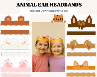 May include: A printable PDF featuring various animal ear headbands, including bear, bunny, dog, and cat designs. The image shows two children wearing cat ear headbands. Text on the image reads "FOR KIDS", "ANIMAL EAR HEADBANDS", and "Instant Download Printable".