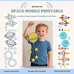 May include: A space-themed printable mobile with a yellow planet and blue rings, plus yellow stars. The image includes rockets, planets, stars, and astronauts. Text on the image reads "SPACE MOBILE PRINTABLE" and "Instant Download Printable Activities."