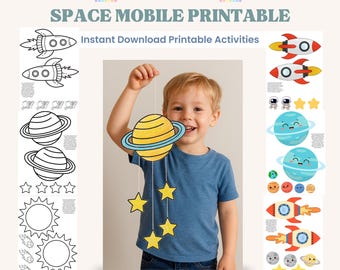 May include: A space-themed printable mobile with a yellow planet and blue rings, plus yellow stars. The image includes rockets, planets, stars, and astronauts. Text on the image reads "SPACE MOBILE PRINTABLE" and "Instant Download Printable Activities."