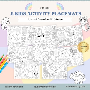 Puede incluir: Ocho manteles individuales de actividades imprimibles para niños con laberintos, páginas para colorear y otros diseños divertidos. Los temas incluyen criaturas marinas, dinosaurios y el espacio. El texto de la imagen dice "Para niños" y "8 manteles individuales de actividades para niños".