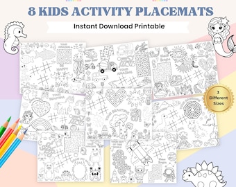 May include: A collection of eight printable kids' activity placemats featuring mazes, coloring pages, and other fun designs. The placemats include various themes, such as sea creatures, dinosaurs, and space. The text on the image says "For Kids" and "8 Kids Activity Placemats".