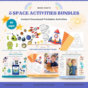 May include: A digital bundle of 80 space-themed activity worksheets featuring printable rockets, planets, and aliens. The set includes cut-and-paste rocket chains and mobile craft templates with colorful illustrations and black-and-white outlines.