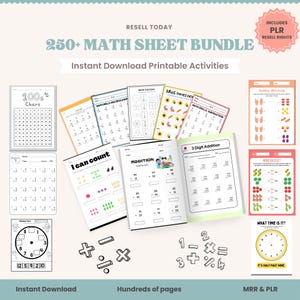 算数アクティビティバンドル：250枚以上の印刷可能なワークシート、時計学習（デジタルダウンロード、PLR権付き）