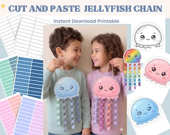 Cut and Paste Jellyfish Chain Craft Printable, Ocean Kids Activity, Instant Download PDF, Preschool Scissor Skills, Summer, Classroom