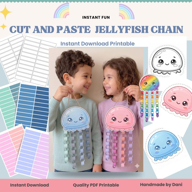 Make a splash with this adorable Cut and Paste Jellyfish Chain Craft Printable—a fun, hands-on activity kids will absolutely love! Perfect for little learners, this craft lets children create their own cute jellyfish with colourful dangling tentacles that look like they’re swimming in the ocean.