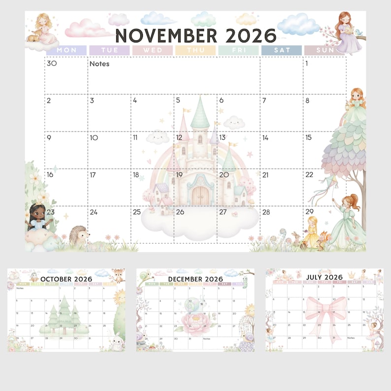 2026 Kids Calendar Printable, Pastel Princess Theme (PLR Resell Rights ...