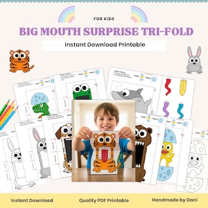 May include: A digital printable craft set titled Big Mouth Surprise Tri-Fold for kids. The set includes various animal templates like a tiger, shark, rabbit, and bear, featuring instructions for folding and cutting to create interactive paper toys.