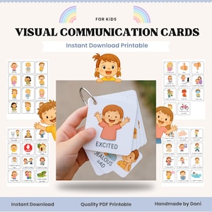 May include: Visual communication cards for children, with illustrations and text. The cards are held together by a metal ring. The cards include words like "excited", "jealous", and "sad". The words "Instant Download Printable" are also visible.