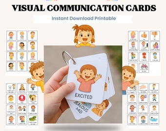 May include: A set of visual communication cards for kids featuring colorful cartoon illustrations and text labels. The cards are bound together with a metal ring. The top card shows a child with arms raised and the text EXCITED, with other cards visible.