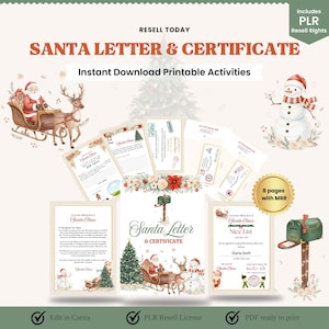 May include: A digital download featuring a Santa Letter & Certificate set. The design includes illustrations of Santa Claus, reindeer, and a snowman. The text reads "Santa Letter & Certificate" and "Instant Download Printable Activities."
