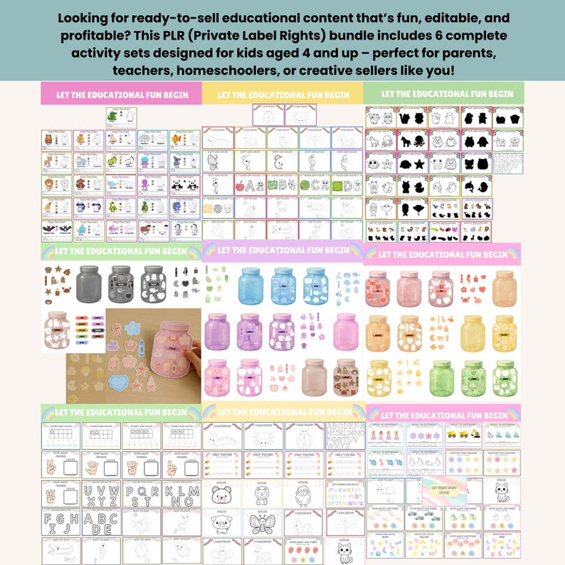 Kids Worksheets PLR Bundle – 6 Editable Activity Sets for Ages 4+ 🎉
Canva Template | Printable Worksheets | Commercial Use Allowed

Make learning fun and build your digital product shop at the same time! This Kids Worksheets PLR (Private Label Rights) Bundle includes 6 fully editable activity sets designed for children aged 4 and up. Perfect for teachers, homeschoolers, or digital product creators.