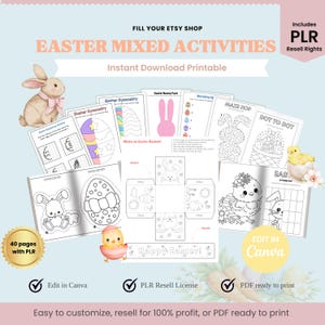 May include: An assortment of Easter-themed printable activities, including coloring pages, mazes, and dot-to-dot puzzles. The image features a bunny, chick, and Easter egg illustrations. Text includes "Easter Mixed Activities" and "Instant Download Printable."