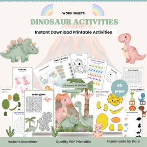 Puede incluir: Un conjunto de hojas de actividades imprimibles con temática de dinosaurios. Las hojas de trabajo incluyen páginas para colorear, emparejar números, laberintos y búsquedas de palabras. La imagen presenta ilustraciones de varios dinosaurios, arcoíris y el texto "Dinosaur Activities".
