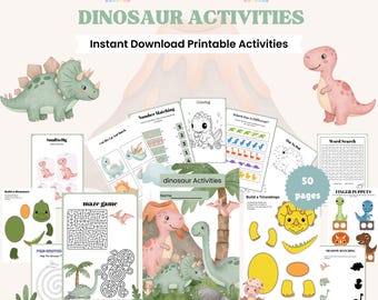 May include: A collection of 50 printable dinosaur activity worksheets featuring mazes, word searches, coloring pages, and matching games. The pages include illustrations of various dinosaurs, palm trees, and volcanoes with text labels like Dinosaur Activities.
