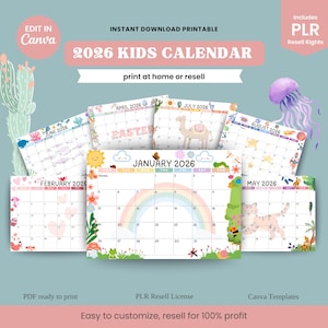 Può includere: Un colorato calendario per bambini del 2026 con illustrazioni per ogni mese. Il calendario include il testo "2026 KIDS CALENDAR" e "print at home or resell". È progettato per essere personalizzato e rivenduto.