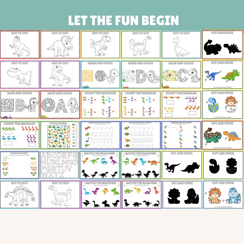 What's Included:
You’ll receive a high-quality PDF file with 63 pages of hands-on, screen-free activities, including:

✏️ Copy & Color Pages – Practice handwriting, tracing, and coloring with dinosaur friends
🔵 Dot to Dot Worksheets – Boost number recognition & fine motor control
🎨 I Can Draw Activities – Spark creativity and visual thinking with dino doodles
✂️ Cut & Glue Pages – Build scissor skills and hand-eye coordination