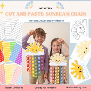 May include: A printable craft featuring a sunbeam chain design. The image shows a smiling sun with a cloud, and a rainbow chain. The text reads "CUT AND PASTE SUNBEAM CHAIN" and "Instant Download Printable".