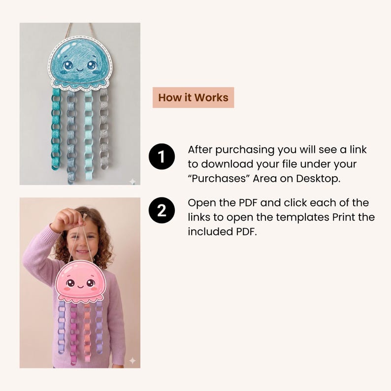 How It Works:

Download your files instantly after purchase
Print at home or at a print shop (A4 or US Letter)
Colour (optional), cut, and assemble your jellyfish
Hang and enjoy your creation!

Important Information:

This is a digital download – no physical item will be shipped
For personal and classroom use only
Not for resale, redistribution, or commercial use