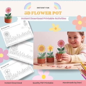 Puede incluir: Un proyecto de manualidades con un macetero 3D y actividades imprimibles. La imagen muestra a un niño sosteniendo un macetero de papel con una flor rosa. El texto dice "3D Flower Pot" y "Actividades imprimibles de descarga instantánea."