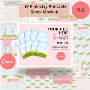 May include: Mockup of 97 pink printable Etsy shop listings. Each listing features a landscape design with a blue sky, white clouds, and green hills. The text "YOUR TITLE HERE Subtitle TEXT HERE" is displayed on a pink background with the word "Canva" below it. The text "CHUPA CHUPS CANDY JELLY" is repeated three times.