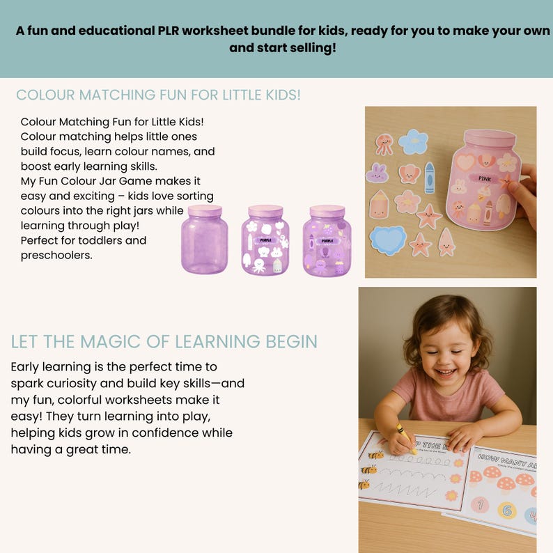 What’s Included:
✔️ 6 unique worksheet sets all up 321 pages (PDF & Canva templates)
✔️ Age-appropriate activities for 4+
✔️ Editable in Canva – change colors, fonts, graphics & text
✔️ A4 sizes
✔️ High-quality printable format
✔️ PLR license – edit and resell!