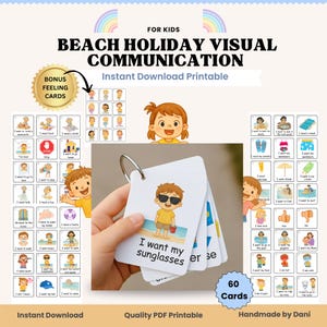 May include: A visual communication set for kids with beach-themed illustrations. The set includes 60 cards with phrases like "I want my sunglasses" and "I want to swim." The cards are designed for instant download and are handmade.