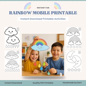 May include: A printable rainbow mobile craft kit with the text "RAINBOW MOBILE PRINTABLE". The image shows a finished rainbow mobile held by two children, along with black and white line drawings of clouds, rainbows, and other weather-themed elements.