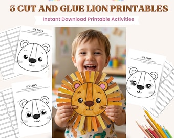 May include: A child smiles while holding a completed cut-and-glue lion craft. The image features printable lion face templates and the text "3 Cut and Glue Lion Printables" and "Instant Download Printable Activities".