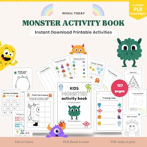 Könnte beinhalten: Ein Kinder-Aktivitätsbuch mit dem Titel "Monster Activity Book" mit dem Text "Instant Download Printable Activities". Das Buch enthält Seiten mit Aktivitäten wie dem Nachzeichnen von Buchstaben, Zeichnen und Zählen. Das Cover zeigt eine grüne Monsterillustration. Das Buch hat 137 Seiten.