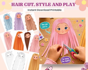 Hair Salon Cutting Activity Printable for Kids Scissor Skills Practice Pretend Play Preschool & Kindergarten Craft Instant Download