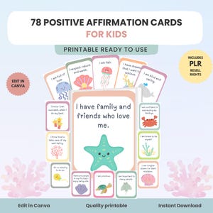 Positieve affirmaties voor kinderen | Bewerkbare canvassjabloon doorverkooprechten | Emoties en gevoelens | Bevestigingskaarten | Afdrukbare PLR | Doorverkopen van canvas