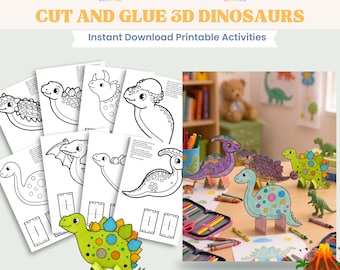 May include: A set of printable activity sheets titled CUT AND GLUE 3D DINOSAURS featuring black and white line art of various dinosaurs. The image shows completed, colored 3D paper dinosaur figures standing on a surface with crayons.
