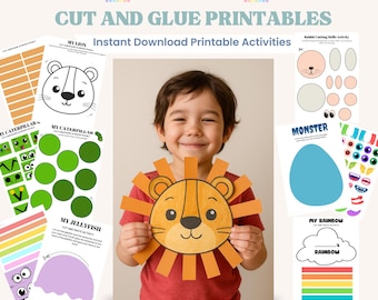 Cut & Glue Printable Craft Pack – Build a Lion, Monster, Caterpillar, Jellyfish, Rainbow, Bunny  Fine Motor skills , Classroom or Homeschool