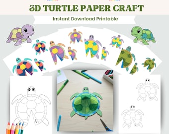 3D Turtle Paper Craft for Kids – Coloring Activity (Instant Download PDF)