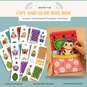 May include: A printable activity set titled Instant Fun Cut and Glue Bug Bed featuring various cartoon insects like ladybugs, bees, and butterflies. The set includes sheets with cut-out characters and a bed template with a pink floral pattern.
