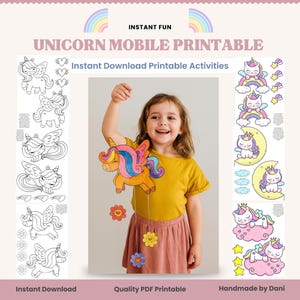 Unicorn Cut And Paste Mobile Printable Craft for Kids 3 Colorable & 3 Pre-Colored Designs PDF Fun Craft for Children, Unicorn Decor school
