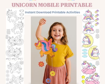 May include: A vibrant unicorn mobile printable, featuring the text "Instant Fun" and "Unicorn Mobile Printable." The image shows a child holding a decorated unicorn. The printable includes unicorn designs, rainbows, and flowers. The text "Instant Download," "Quality PDF Printable," and "Handmade by Dani" are also visible.