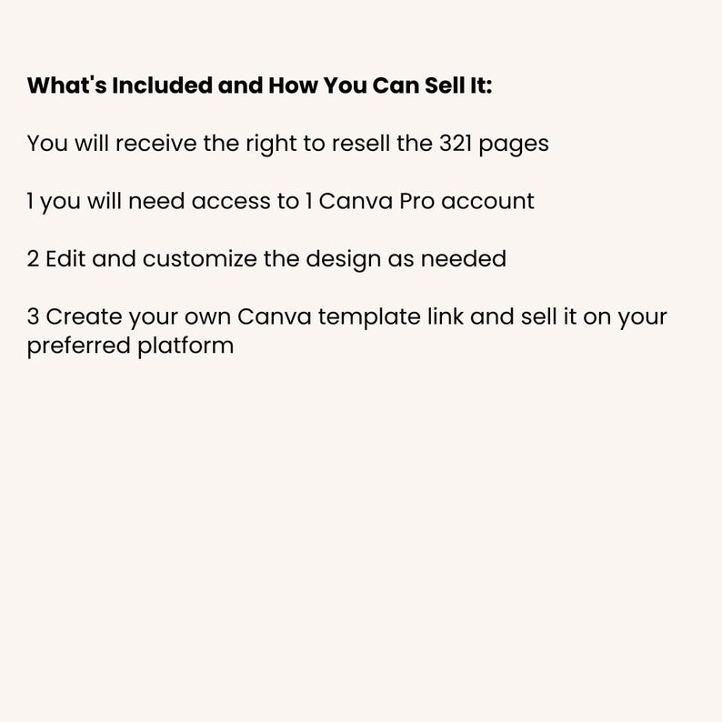 May include: Text on a cream background reads "What's Included and How You Can Sell It:" followed by instructions. The text includes details about reselling 321 pages, using a Canva Pro account, editing designs, and creating a template link.
