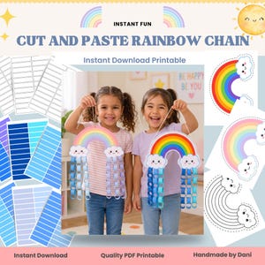 May include: An instant download printable craft kit titled Cut and Paste Rainbow Chain. The set includes templates for creating paper rainbow chains with cloud accents, featuring blue, purple, and rainbow-colored paper strips for assembly.