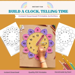 Può includere: Un'attività educativa stampabile con un design di costruzione di orologio, con un quadrante a forma di fiore. Il quadrante è giallo con petali viola e rosa e le lancette vengono regolate. Il testo "BUILD A CLOCK, TELLING TIME" è in alto.