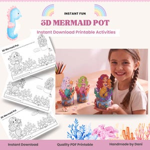 Peut inclure: Un kit de bricolage pot sirène 3D comprenant des feuilles d'activités imprimables avec des dessins au trait de sirènes et de récifs coralliens, ainsi que des modèles de pots en papier colorés montrant des sirènes avec des hippocampes.