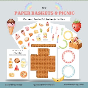May include: A printable paper craft set with a picnic theme. Includes cut-and-paste activities with illustrations of food items, a picnic basket, plates, and a basket template. The text reads "Paper Baskets & Picnic" and "Cut And Paste Printable Activities".