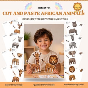 May include: A child smiles, holding paper cutouts of a giraffe and a lion. The image shows printable activities with the text "CUT AND PASTE AFRICAN ANIMALS" and "Instant Download Printable Activities". The design includes a rainbow and a lion illustration.