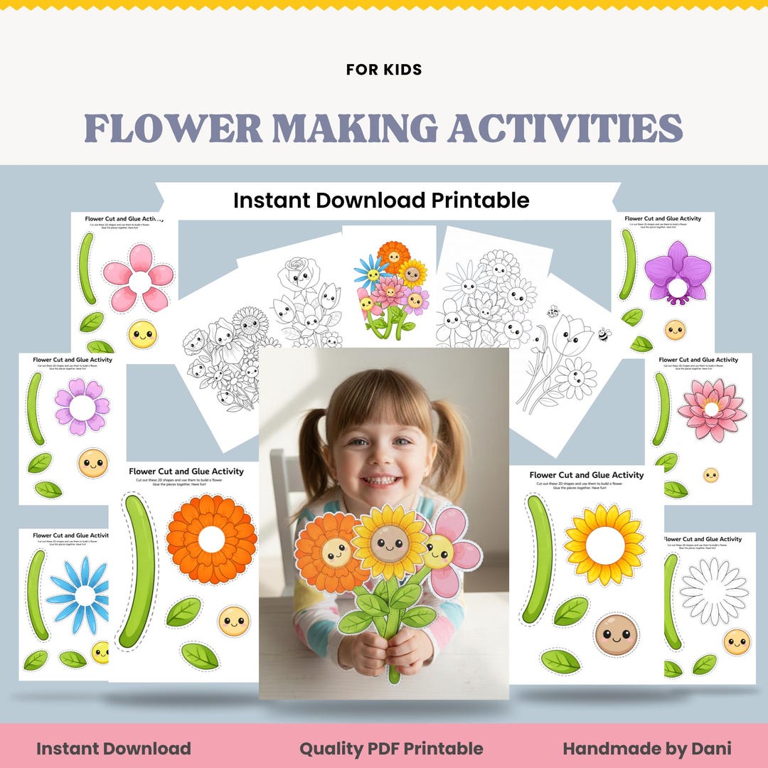 Flower Cut and Paste Activity for Kids, Printable Flower Craft Kit ...